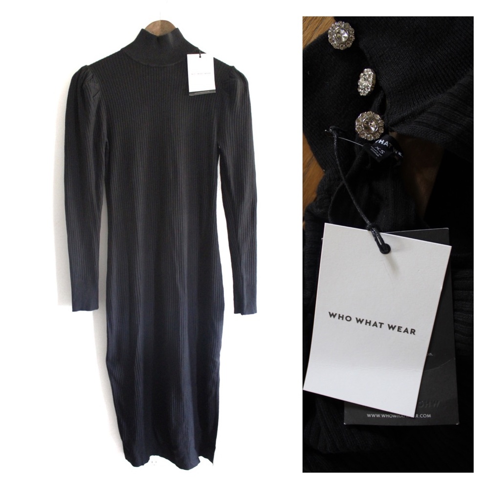 Who What Wear High Neck Puff Shoulders Ribbed Long Sleeve Dress NWT XS